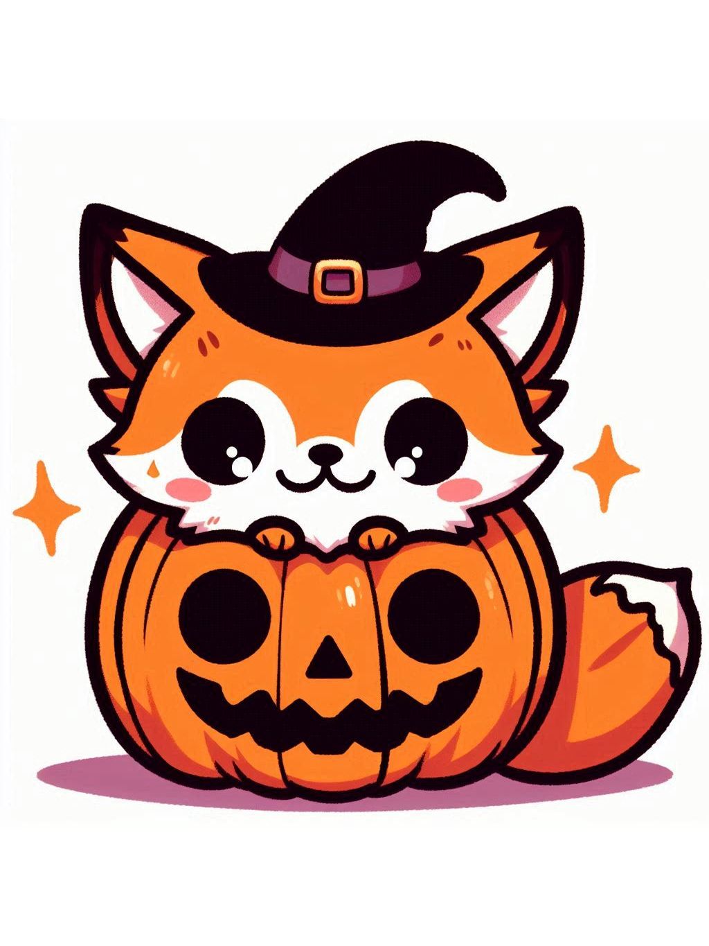 halloween cute animals drawings of a fox wearing a witch hat, nestled snugly inside a carved pumpkin.